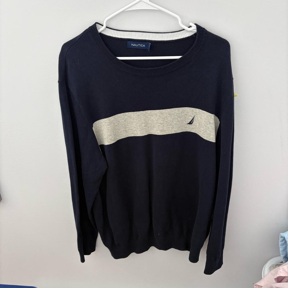Nautica Men's Dark Blue Sweater with Light Beige Stripe